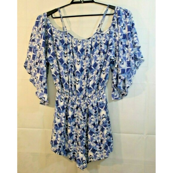 Ark NC Bohemian Romper Blue Geometric Off Shoulder Shorts One Piece Size M - Picture 5 of 5